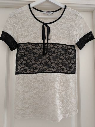 Top Morgan Manga Corta Encaje Negro Blanco XS