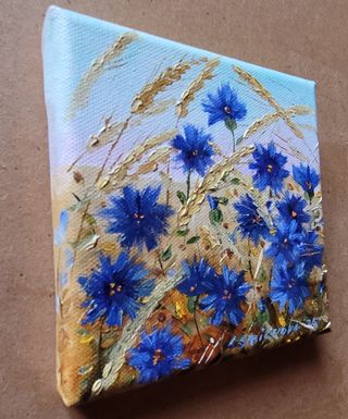Piccolo Quadro Olio su Tela 13x13cm Fiori Blu