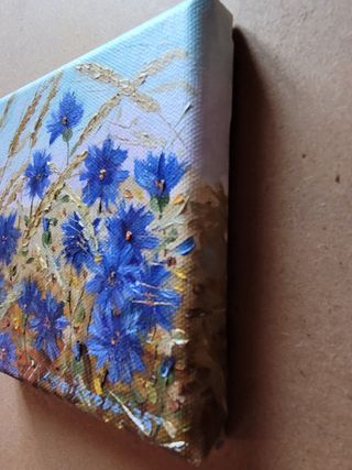 Piccolo Quadro Olio su Tela 13x13cm Fiori Blu