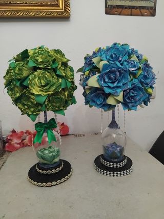 Centro de Mesa Flores Papel y Cristal. OFERTA