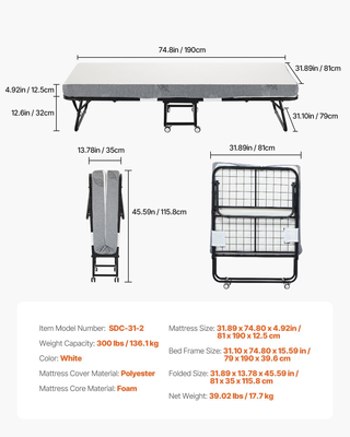Letto Pieghevole con Materasso in Schiuma Singolo