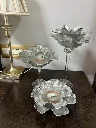 Portavelas Decorativo Flor Plata