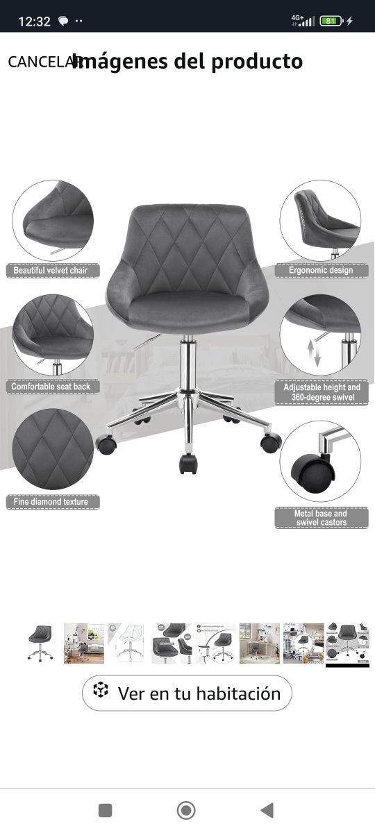 ✅Silla Escritorio tocador Giratoria gris nueva