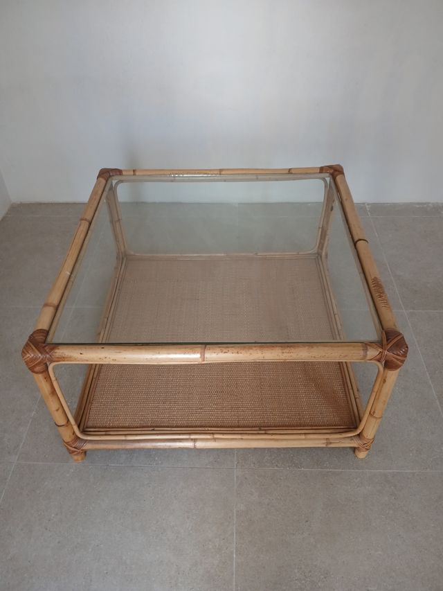 Mesita auxiliar bambú y cristal