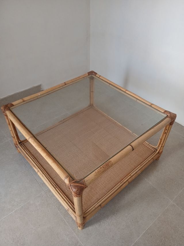 Mesita auxiliar bambú y cristal