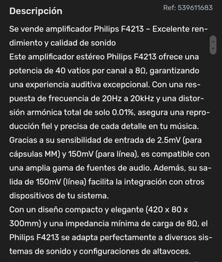 Amplificador Philips F4212 vintage 80W último prec