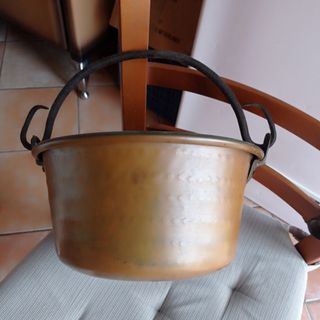 Paiolo antico in rame con gancio da camino