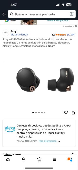 Sony WF-1000XM4 Auriculares Inalámbricos Negros