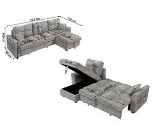Sofá Cama Chaise Longue Gris 263x160cm