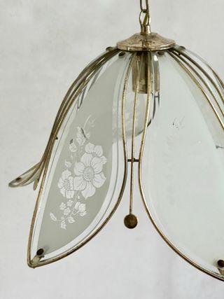 Lampadario vintage vetro decorato metallo oro 70s