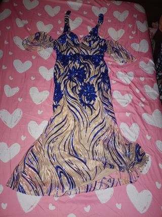 Vestido de fiesta beige y azul