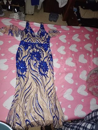 Vestido de fiesta beige y azul