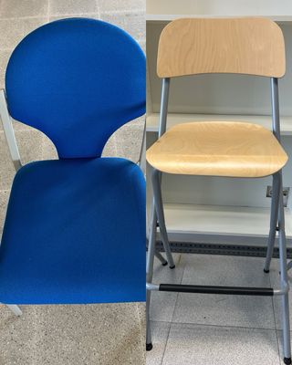 Sillas confidente aluminio tapizado azul, taburete