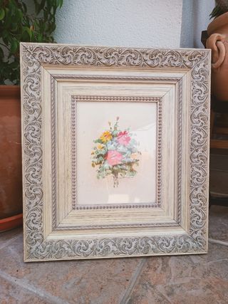 Cuadro Vintage Flores Beige y Rosa