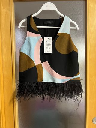 Top Zara Plumas Negro Multicolor