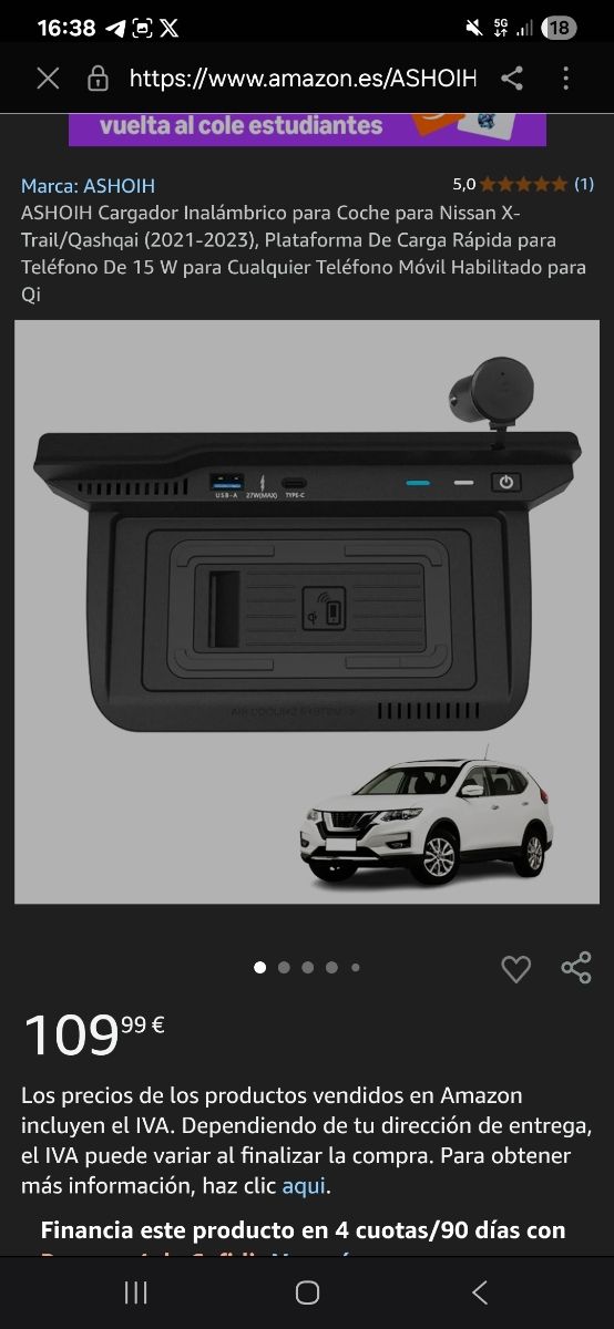 Cargador Inalámbrico Coche Nissan X-Trail/Qashqai