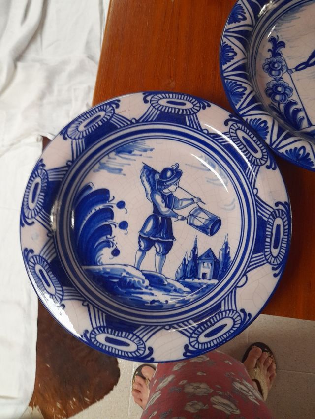 Coppia di piatti decorativi blu e bianchi