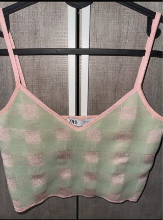 Top Zara Cuadros Verde y Rosa