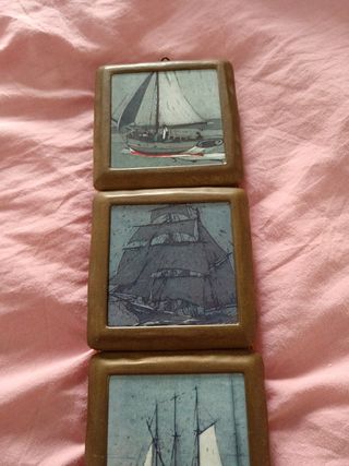 Quadretto con barche su legno e sughero 
