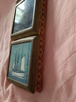 Quadretto con barche su legno e sughero 
