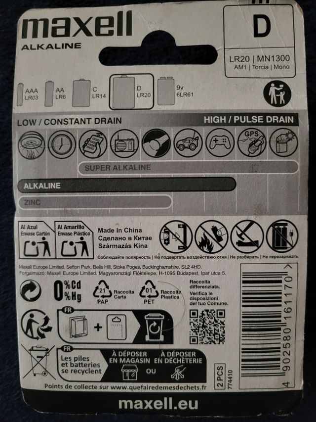2 Pilas D Maxell LR20 1.5V Alcalinas