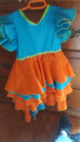 Traje Flamenca Hecho a Mano Azul Naranja 12-18 mes