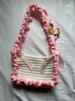 Bolso de hombro hecho a Crochet Blanco y Rosa
