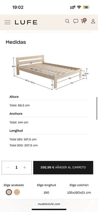 Cama doble LUFE 135 cm + colchón 