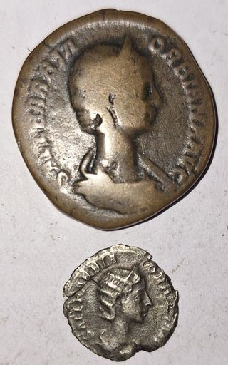 Orbiana!Lote 2 monedas romanas!Sestercio y denario