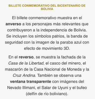 Billete Conmemorativo Bicentenario Bolivia