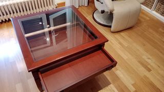 Mesa de centro madera y cristal artesanal