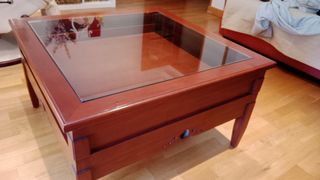 Mesa de centro madera y cristal artesanal