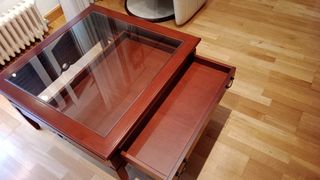 Mesa de centro madera y cristal artesanal