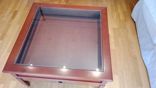 Mesa de centro madera y cristal artesanal