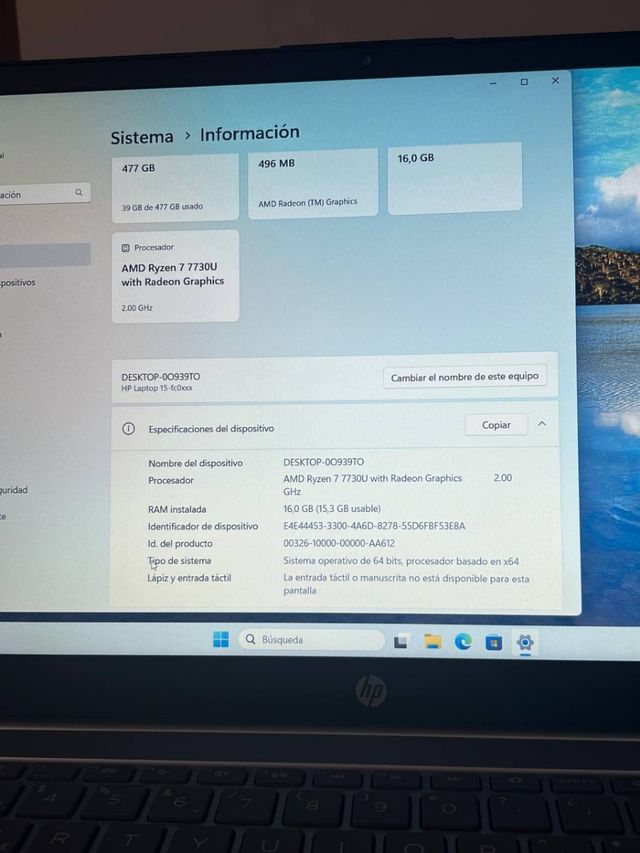 Computador portátil HP 15-FC0072NS 512 Gb/16 Gb/Ryzen 7 FHD.