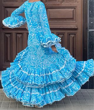 Traje Flamenca Azul y Blanco Talla 36-38