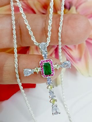 Colgante cruz circonitas con cadena cordón plata