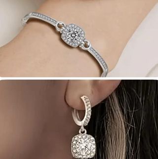 Conjunto Plata y Moissanita: Pulsera y Pendientes.