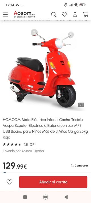 Mini moto eléctrica Vespa Roja