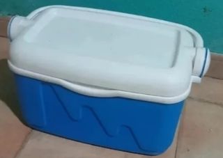 Nevera portátil azul y blanca