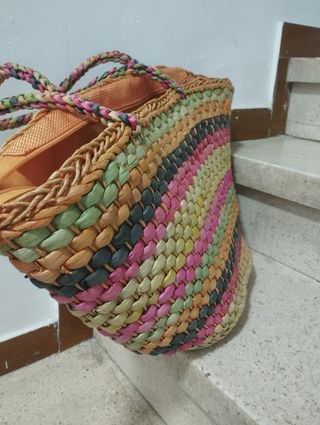 Bolsa,capazo, bolso de mimbre multicolor artesanal