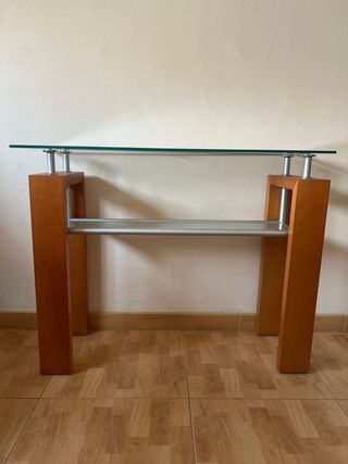 Mesa recibidor madera y cristal