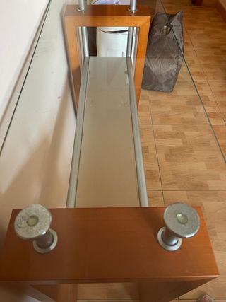 Mesa recibidor madera y cristal