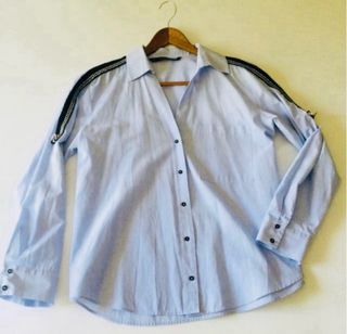 Camisa Zara Azul Rayas Negras Manga Larga