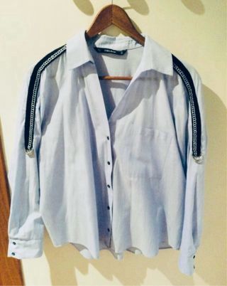 Camisa Zara Azul Rayas Negras Manga Larga