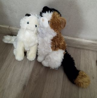 2 Peluches Gato Blanco y Tricolor