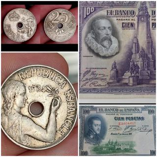 Lote de monedas y billetes españoles