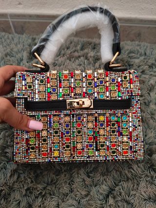 Bolso de fiesta pedrería multicolor y plata