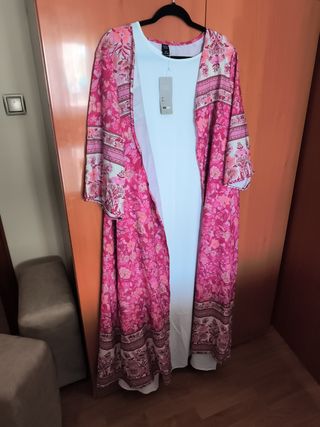 Kimono rosa y blanco talla única