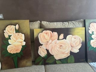 Set di 3 quadri di rose dipinti a mano